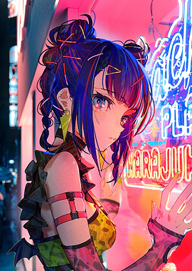 Anime Girl in Neon Cityscape