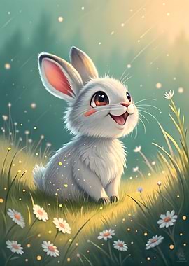 Smiling Bunny Rabbit Sits Flower Meadow Dawn