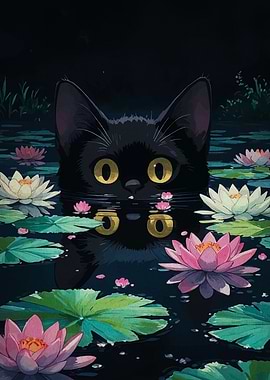 Black Cat in Lily Pond