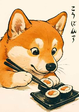 Shiba Inu eating sushi illustration