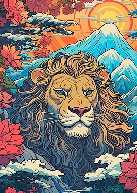 Lion with Mountain and Floral Background