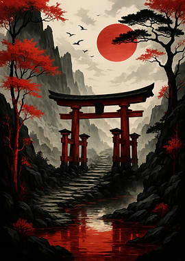 Japanese Torii Gate Blood Moon