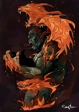 Man with Fiery Wolves Digital Art