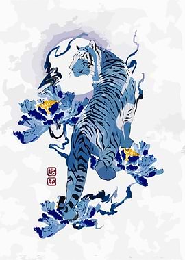 Blue Tiger with Flowers Illustration