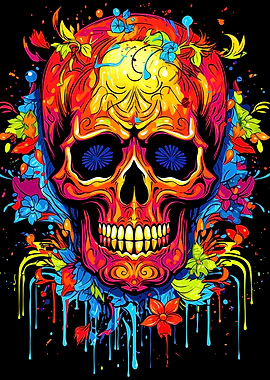 Colorful Floral Skull Illustration on Black