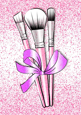 Makeup brushes with pink ribbon