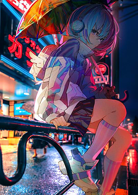 Anime Girl in Rainy Cityscape