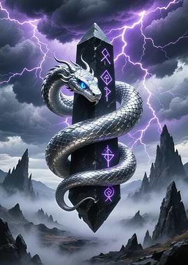 Silver Dragon Coiled Around Runestone