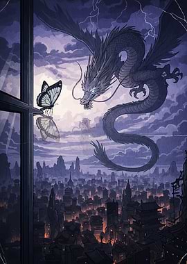 Dragon Butterfly Cityscape Night