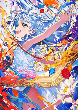 Anime Girl with Flowers and Frame