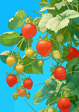 Strawberry Plant with Ripe and Unripe Berries