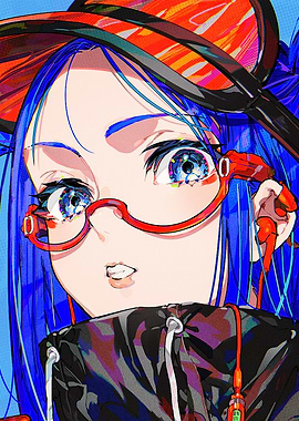 Anime Girl with Blue Hair and Glasses
