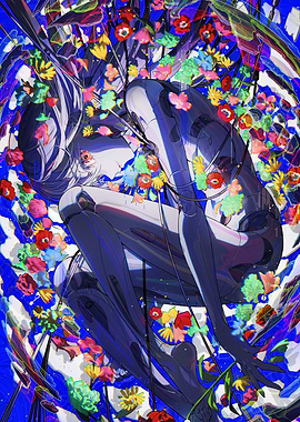 Robot Girl Surrounded by Flowers