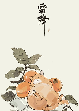 Resting Cat with Persimmons and Calligraphy