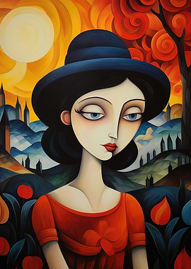 Elegant Woman in Hat, Abstract Painting