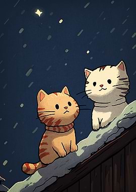 Two Cats Watching Snowfall Cartoon