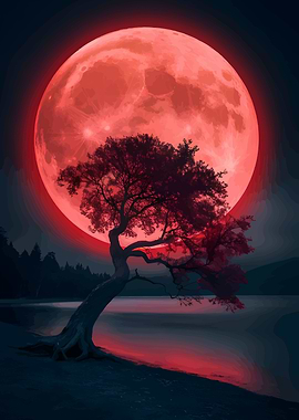 Red Moon Over Lake with Tree