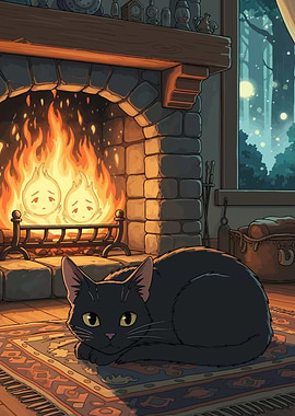 Cozy Cat by Fireplace
