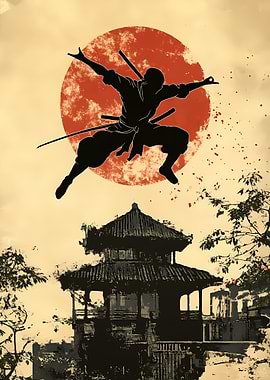 Ninja Silhouette with Japanese Temple