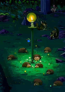 Hedgehogs Gathering at Night