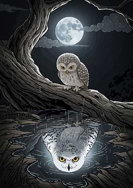 Owl Reflection Moonlight