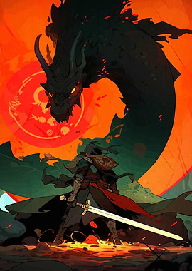 Warrior facing a dragon illustration