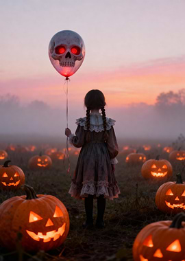 Halloween Girl with Skull Balloon