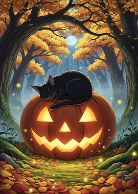 Black Cat Sleeping on Halloween Pumpkin