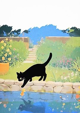 Black cat in garden painting
