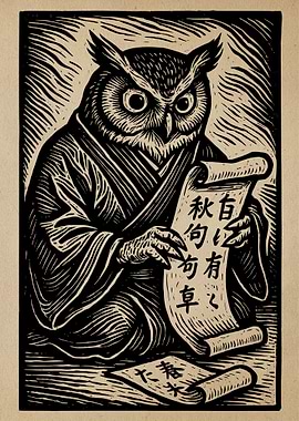 Owl Sage Reading Scroll Woodcut Print