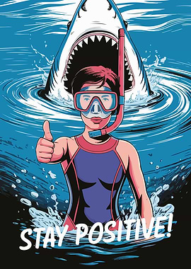 Stay Positive: Diver and Shark Illustration