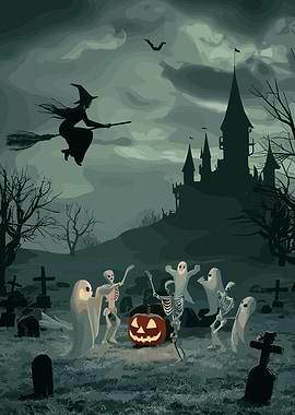 Halloween Night Scene with Witch and Ghosts