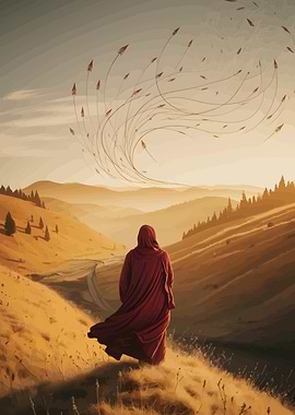 Red-robed figure in a golden landscape