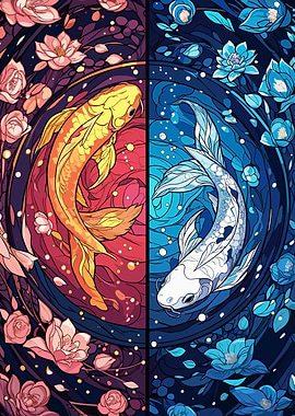 Yin Yang Koi Fish Floral Art
