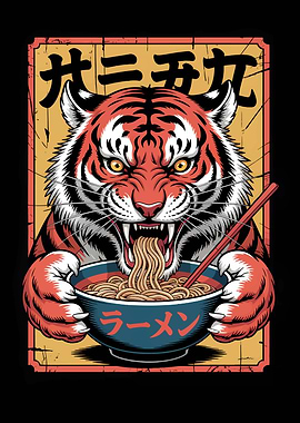 Tiger Eating Ramen Illustration