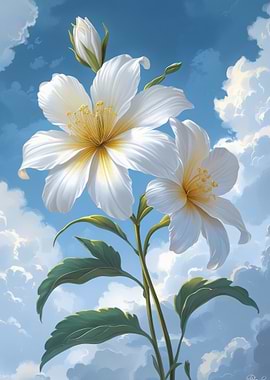 White Flowers Against a Cloudy Sky