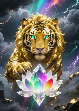 Golden Tiger with Crystal Lotus Flower