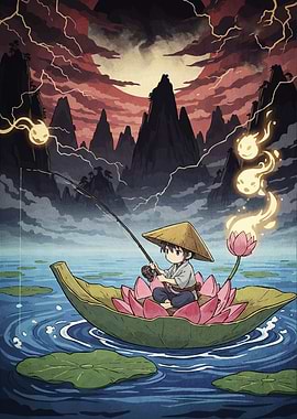 Boy Fishing Lotus Boat