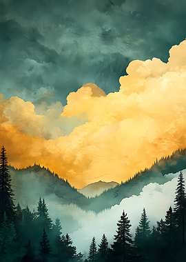 Golden Clouds Over Pine Forest Mountainscape
