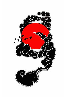 Red Sun with Black Clouds and Birds