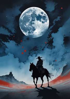 Cowboy on Horseback Under Full Moon