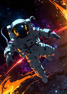 Astronaut in Space with Fiery Background