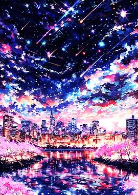 Starlit Sakura - Meteor Shower over City River Starry Sky