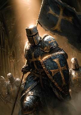 Crusader Knight with Flag and Shield