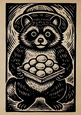 Raccoon with Tray Woodcut Illustration