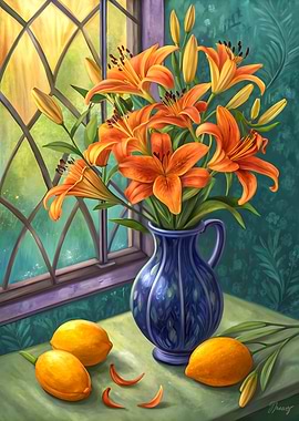 Still Life Floral Orange Lilies with Lemons