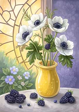 Still Life Floral White Anemones with Blackberries