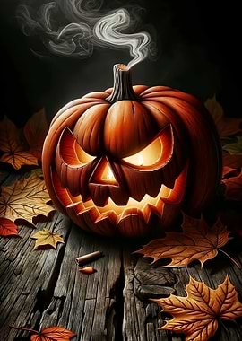 Smoking Jack-o'-Lantern on Wooden Table