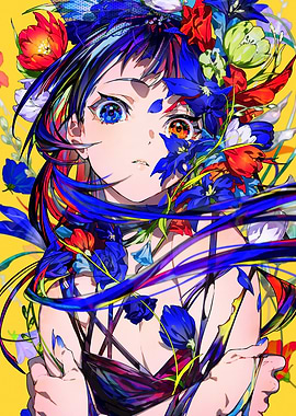 Floral Anime Girl with Heterochromia