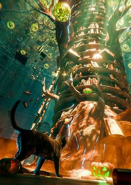 Magical Library Tree with Black Cat